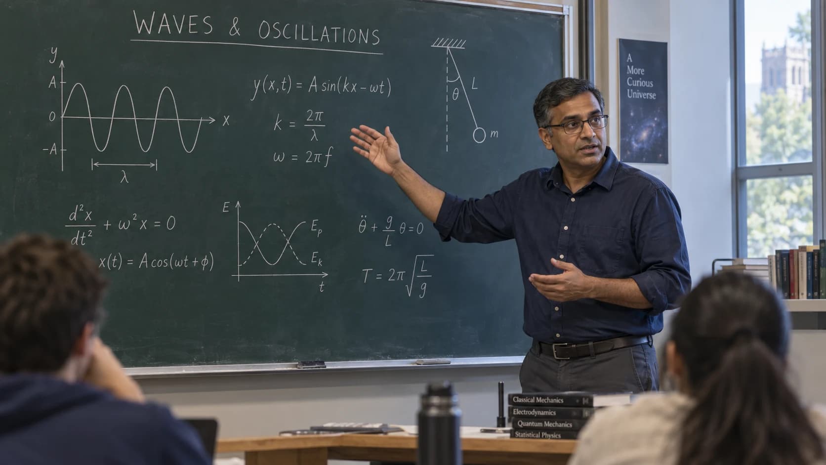 Lecture video: a lecturer explaining waves and oscillations at a chalkboard