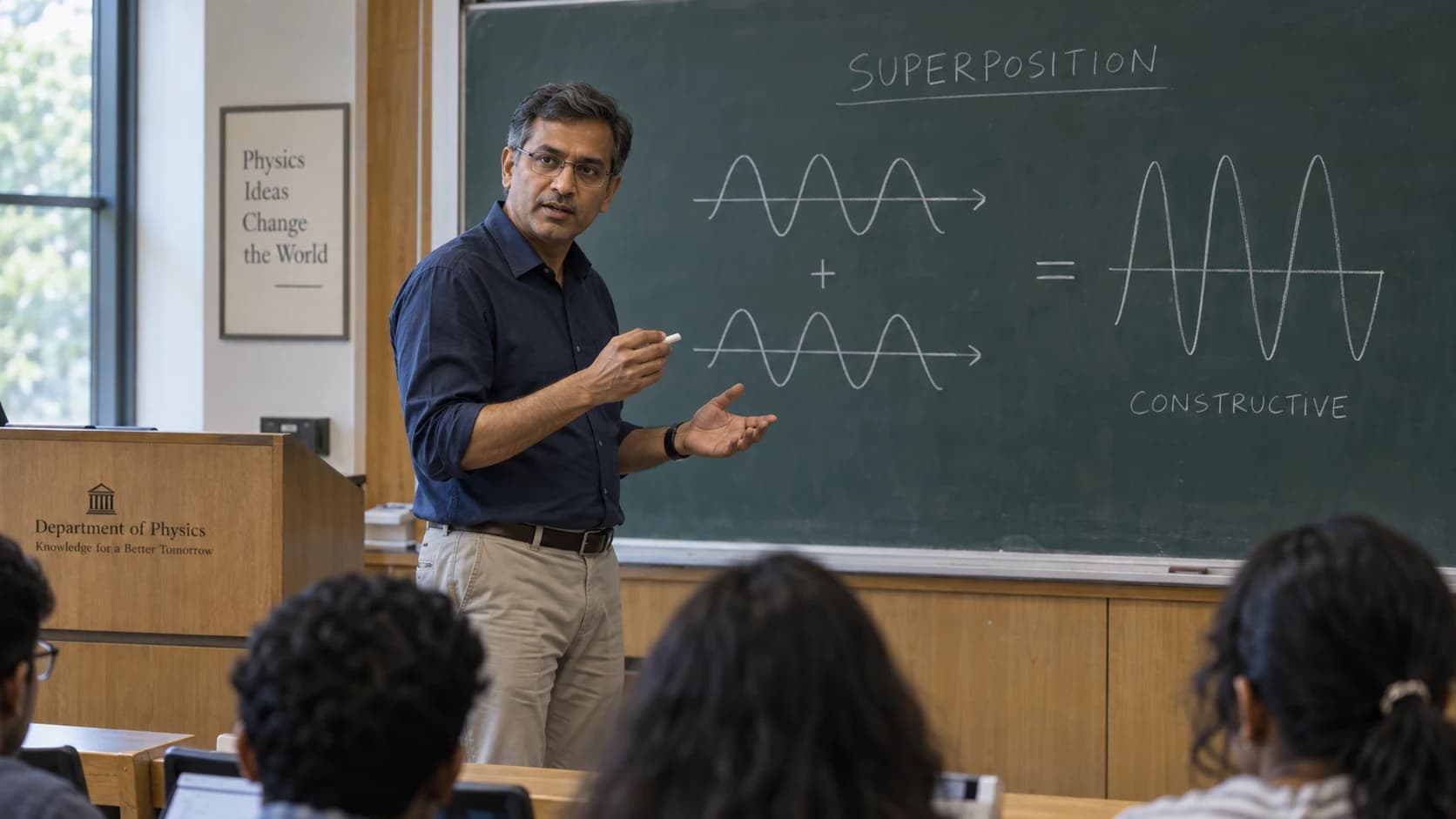 Lecture video: a lecturer explaining superposition at a chalkboard